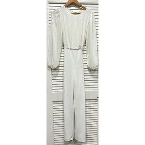 DKNY Women’s White Long-Sleeve Puff Shoulder Belted Jumpsuit 4 Office Formal